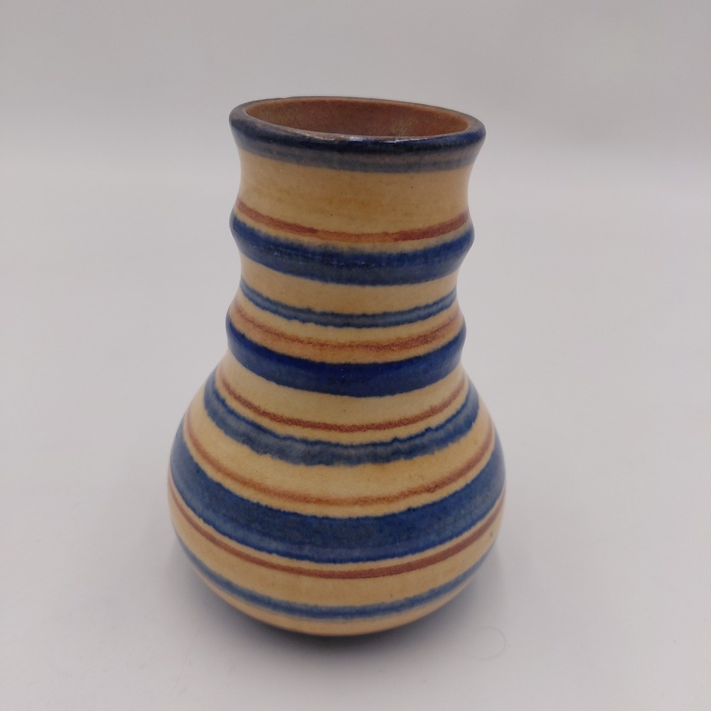 Vtg Erphila Art Germany Pottery Small Vase MCM Glaze Country Cottage Blue Stripe